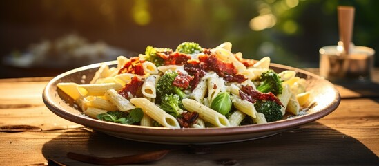 Wall Mural - Plate of pasta featuring broccoli and tomatoes in a close-up view. Penne with gorgonzola, broccoli, and sun-dried tomatoes on a rustic wooden table. with copy space image