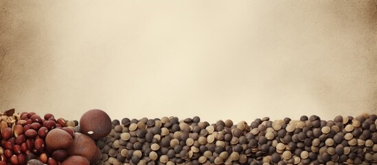 Poster - Bunch beans scattered table, textured old paper background lentils. with copy space image. Place for adding text or design