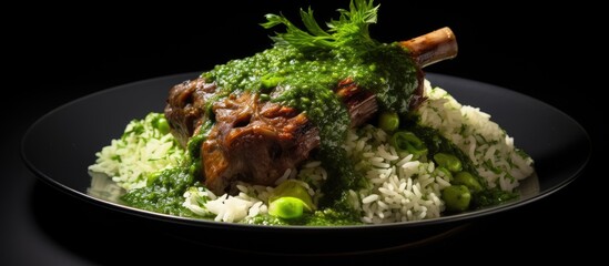 Aufkleber - Plate of food featuring rice and broccoli in a close-up view, highlighting the textures and colors. with copy space image. Place for adding text or design