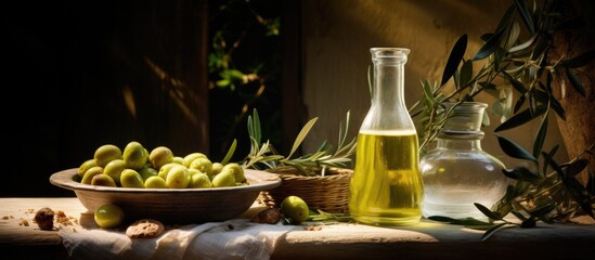 Aufkleber - Table setting with green olives and olive oil in a bowl placed on a wooden table in an olive grove. with copy space image. Place for adding text or design