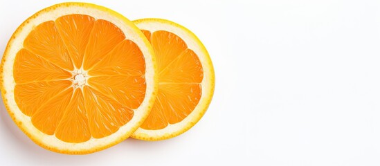 Fototapete - Two halves of oranges placed on a clean white surface. with copy space image. Place for adding text or design