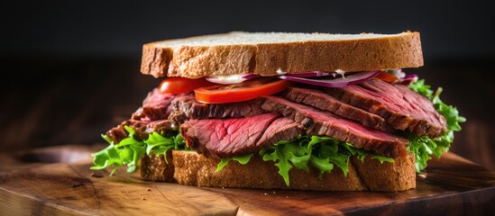Poster - Close-up of a sandwich featuring sliced roast beef and fresh vegetables on a wooden cutting board. with copy space image. Place for adding text or design