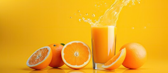 Aufkleber - Sliced oranges ready for juicing displayed alongside a refreshing glass of orange juice mixed with a splash of water. with copy space image. Place for adding text or design