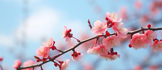 Aufkleber - Pink flowers bloom on a tree branch in a beautiful display of nature's colors at Okamoto Park. with copy space image. Place for adding text or design