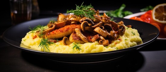 Aufkleber - A close-up view of a delicious dish consisting of mushrooms and creamy mashed potatoes. with copy space image. Place for adding text or design