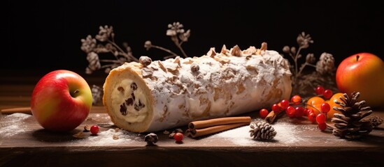 Poster - Delicious rolled cake adorned with fresh apples and flavorful cinnamon resting elegantly on a table. with copy space image. Place for adding text or design