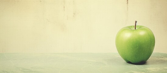 Poster - A single green apple placed on a table with a plain white wall in the background. with copy space image. Place for adding text or design