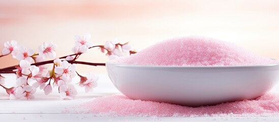 Aufkleber - Pink sugar in a bowl placed beside a delicate branch of cherry blossoms. with copy space image. Place for adding text or design