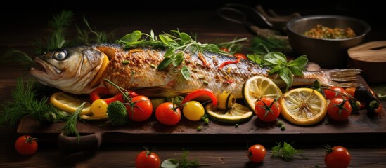Fototapete - A fresh fish presented with slices of lemon, tomatoes, and various herbs on a wooden cutting board. with copy space image. Place for adding text or design