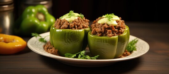 Fototapete - Stuffed green bell peppers filled with ground beef served on a plate with a savory sauce. with copy space image. Place for adding text or design