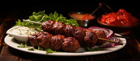 Fototapete - Plate of food showcasing a succulent meat and fresh vegetable combination, representing a tasty meal. with copy space image. Place for adding text or design