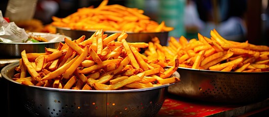 Aufkleber - French fries served in bowls along with a variety of other dishes on a tabletop. with copy space image. Place for adding text or design