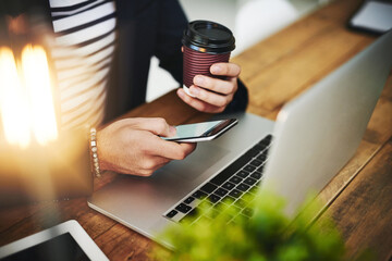 Aufkleber - Coffee, phone and laptop with man hands at office with website planning on social media break. Morning, online web designer and creative job with latte and scroll at desk with app design work