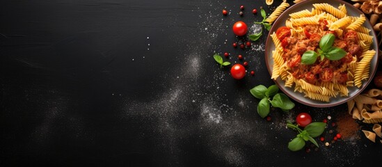 Fototapete - Plate of pasta topped with a savory tomato sauce, fresh basil leaves, and grated parmesan, served with assorted vegetables. with copy space image. Place for adding text or design