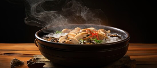 Aufkleber - A close-up view of a bowl filled with hot food emitting steam, creating a tempting and appetizing sight. with copy space image. Place for adding text or design