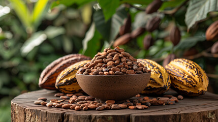 Cocoa beans with fresh pods on wooden table with cocoa plant background