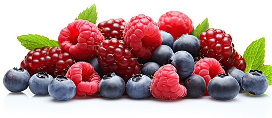 Poster - Assorted raspberries and blueberries placed on a clean white surface with green leaves. with copy space image. Place for adding text or design