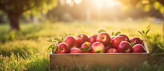 Wall Mural - Wooden box holding fresh red apples placed on green grass under sunlight. with copy space image. Place for adding text or design