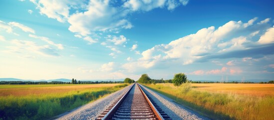 Aufkleber - Railway running through a countryside field with a backdrop of a beautiful clear sky. with copy space image. Place for adding text or design
