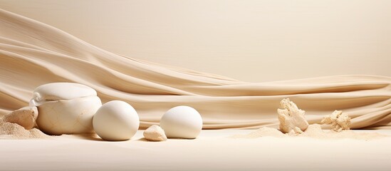 Fototapete - Eggs and a cracked shell resting on a flat surface. with copy space image. Place for adding text or design