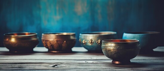 Aufkleber - Variety of bowls in different sizes and shapes placed on a wooden table. with copy space image. Place for adding text or design
