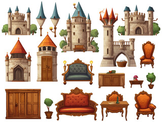 Set element castle interior furniture asset cartoon for games icon anime manga, RPG illustration