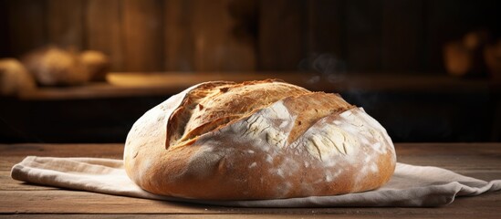Aufkleber - Close-up of a round artisan sourdough bread loaf placed on a cloth on a tabletop. with copy space image. Place for adding text or design