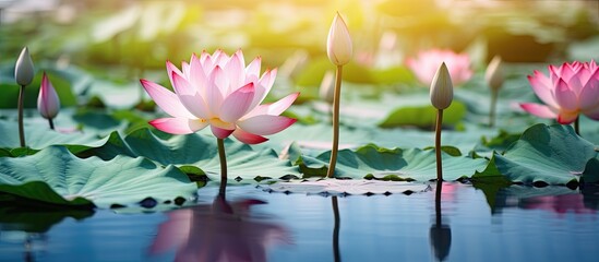Aufkleber - Beautiful lotus flowers in full bloom surrounded by lush green leaves in a tranquil pond. with copy space image. Place for adding text or design