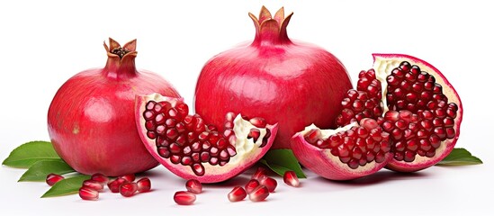 Wall Mural - Close-up view of a pomegranate cut open with visible seeds and fresh leaves around. with copy space image. Place for adding text or design