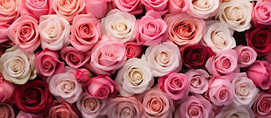 Fototapete - A detailed view of a cluster of pink and white roses, showcasing their delicate beauty and colors. with copy space image. Place for adding text or design