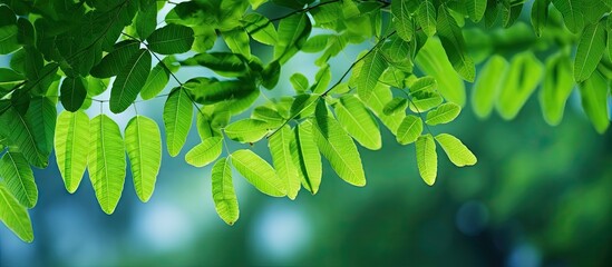 Aufkleber - Abundant green leaves dangle elegantly from a tree branch in a lush display of nature. with copy space image. Place for adding text or design
