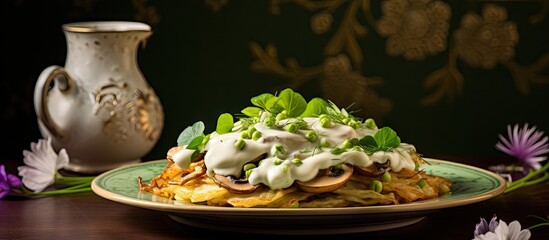 Fototapete - Mushrooms and sauce on a plate along with potato pancakes, pea sprouts, sour cream in a gravy boat, and flower petals on a table with a cloth. with copy space image. Place for adding text or design