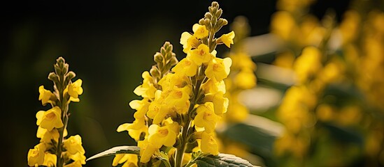 Fototapete - Vivid yellow plant mullein flowers standing out in a field, set against a deep, dark background, creating a striking contrast. with copy space image. Place for adding text or design