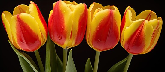 Poster - Three vibrant tulips, showcasing a color palette of red and yellow, enhanced by delicate water droplets. with copy space image. Place for adding text or design