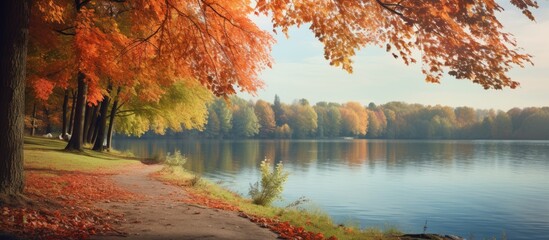 Aufkleber - Vibrant orange leaves from trees scattered near the lakeside, creating a picturesque autumn scene in the park. with copy space image. Place for adding text or design