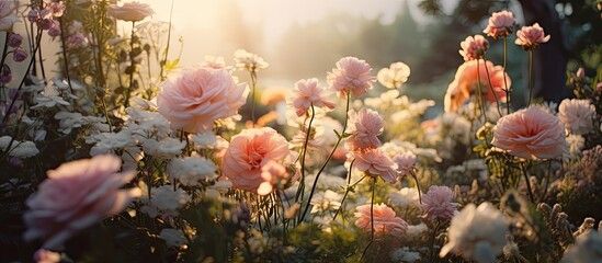 Poster - Lovely flowers displaying charming beauty as sunlight filters through trees in a vibrant field. with copy space image. Place for adding text or design
