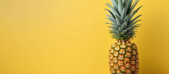 Poster - A detailed close-up shot of a pineapple on a vibrant yellow background, highlighting the texture and pattern of the fruit. with copy space image. Place for adding text or design