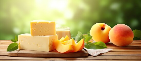 Aufkleber - Three pieces of cheese and two peaches are placed on a wooden cutting board, with a bright background. with copy space image. Place for adding text or design