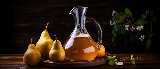 Wall Mural - Sweet pears and honey in decanter on rustic wooden table. with copy space image. Place for adding text or design