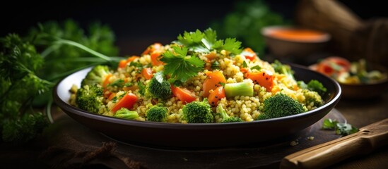 Aufkleber - Bowl filled with rice, assorted vegetables, and fresh herbs placed on a wooden table. with copy space image. Place for adding text or design
