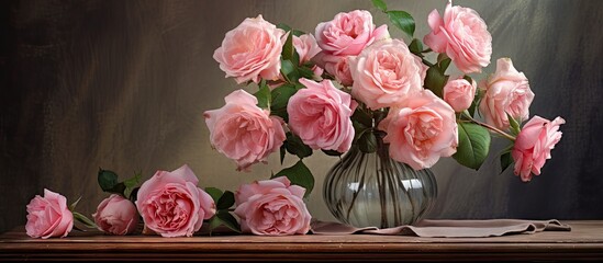Aufkleber - Arrangement of delicate pink roses displayed in a transparent glass vase set gracefully on a table. with copy space image. Place for adding text or design