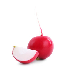 Wall Mural - Whole and cut fresh ripe radishes isolated on white