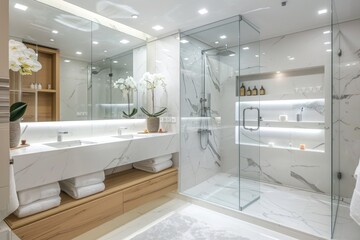 Modern contemporary large marble tiles bathroom with spacious glass-enclosed shower, sleek and minimalistic vanity area and vases with fresh flowers decor.