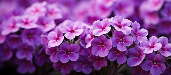Leinwandbilder - Lush green grass field blooming with beautiful purple flowers in close-up view. with copy space image. Place for adding text or design