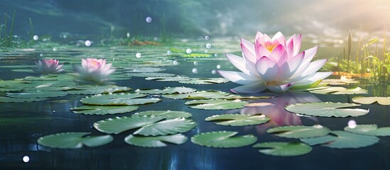Aufkleber - Numerous water lilies are floating on the pond's surface, while the lotus flowers are just starting to bloom. with copy space image. Place for adding text or design