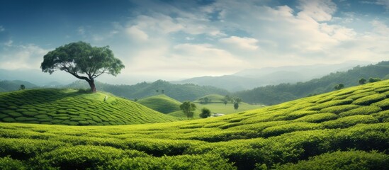 Aufkleber - Amidst a lush tea plantation in a valley stands a solitary tree, blending harmoniously with the verdant landscape. with copy space image. Place for adding text or design