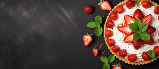Leinwandbilder - Close-up image of a delicious strawberry pie garnished with fresh mint leaves. with copy space image. Place for adding text or design