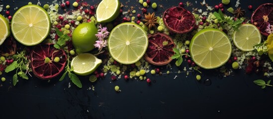 Poster - Close-up shot of a bunch of limes and assorted citrus fruits displayed on a table, Summer drink with pomegranate seeds, lemon, and lime slices. with copy space image. Place for adding text or design