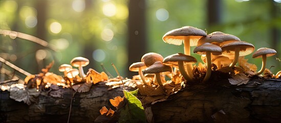Aufkleber - Mushroom species Clitocybe nebularis thriving on a tree bark amidst foliage and greenery in a natural setting. with copy space image. Place for adding text or design