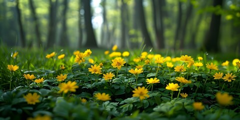 Wall Mural - Bright yellow flowers blooming on vibrant green grass in a forest clearing illuminated by dappled sunlight. Concept Nature Photography, Floral Beauty, Sunlit Forest Scene